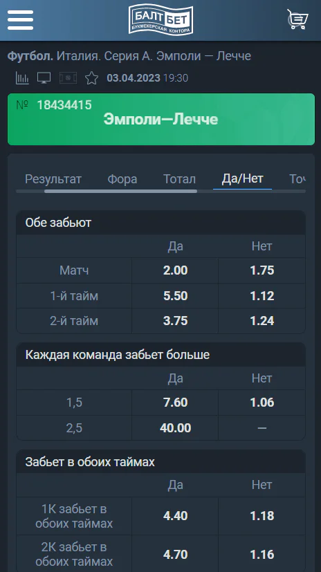 Роспись БК Балтбет на футбол